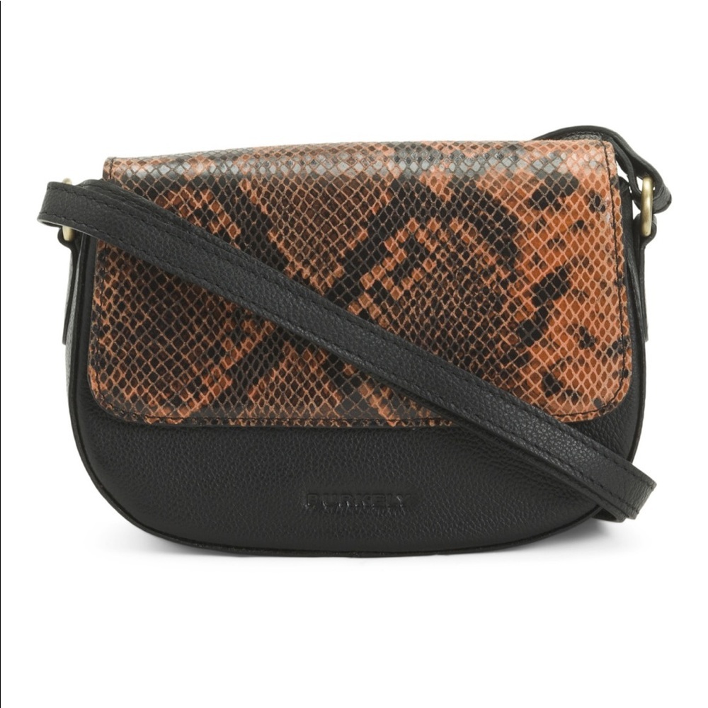 Burkely Black Brown Leather Festival Python Print Crossbody Bag NWT